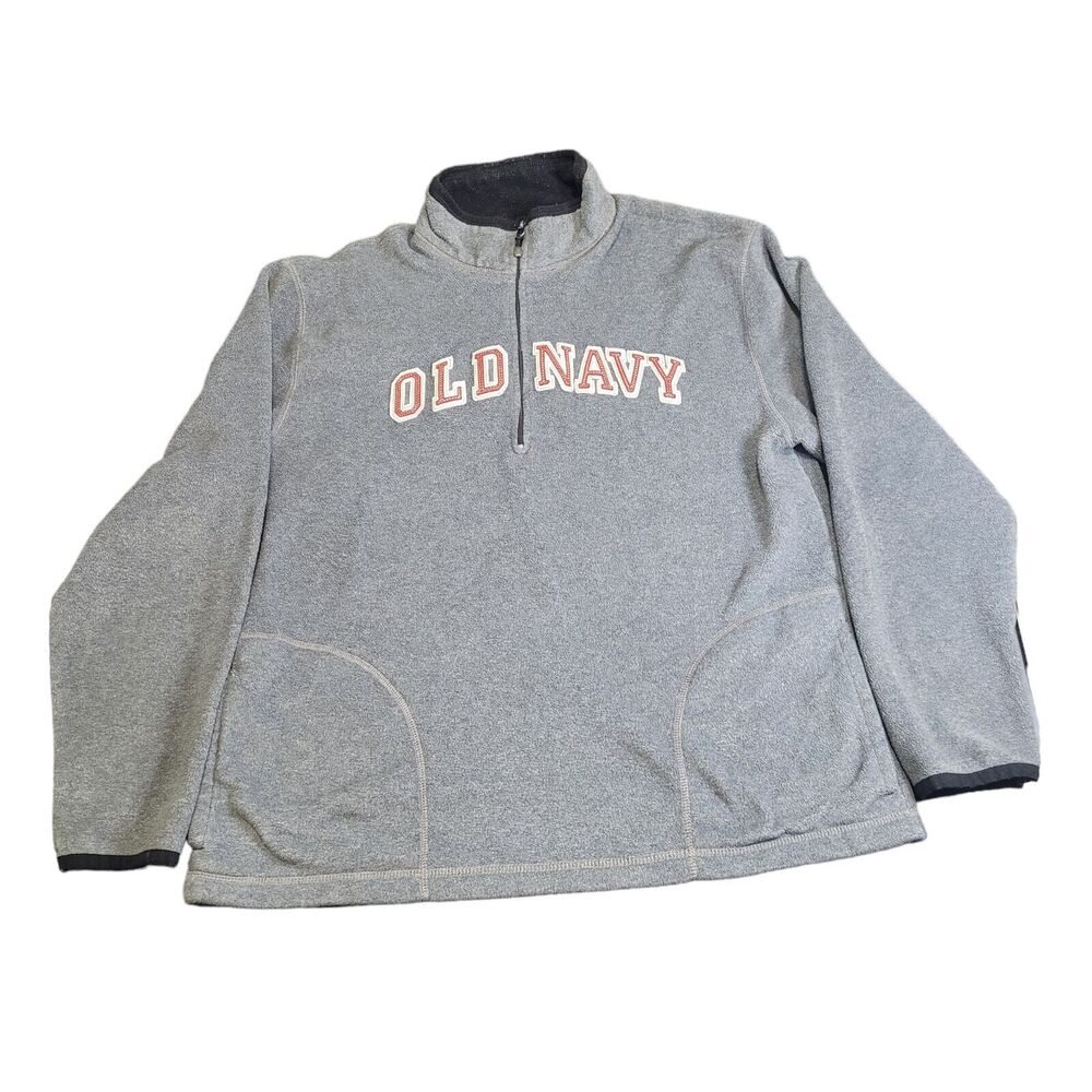 Vintage Old Navy Mens Size XL Grey Fleece Large Logo 1/4 Zip Pullover Sweater